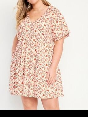 Old Navy Floral V-Neck Short Swing Dress  Sleeve Flared Orange Sz XXL